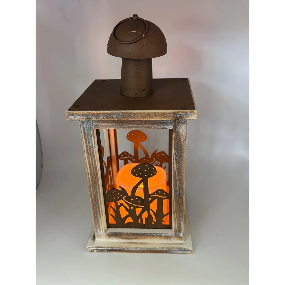 Rustic Mushroom Forest LED Lantern Wood Metal Woodland Flameless Candle New